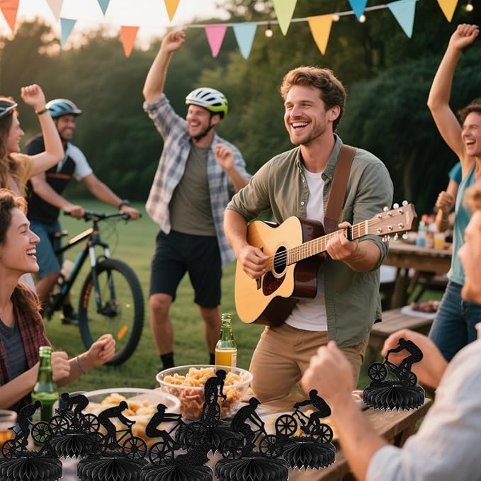 8Pcs Bike Honeycomb Centerpiece Bicycle Birthday Table Decoration Mountain Bike Birthday Party Decoration Sport Theme Birthday Bachelorette Party Supplies Double-Side Black Glitter
