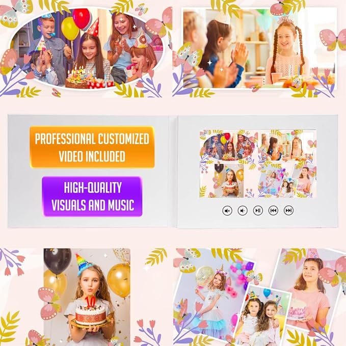 Custom Animated Video Greeting Card for Girl’s Birthday – Personalized Photo Slideshow Gift – 7” LCD Display, 512MB Memory, USB Charger, Touching Surprise