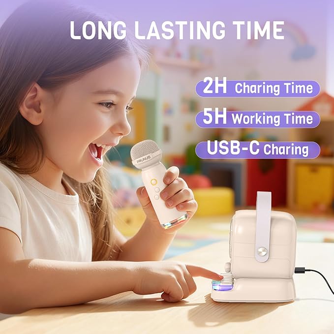 Mini Karaoke Machine with Colorful 7 Piano Keys,Top Christmas Birthday Gifts for 3 4 5 6 7 8 9 10 11 12+ Years Old, Portable Bluetooth Speaker with Wireless Microphone,Boys and Girls Gift-Beige