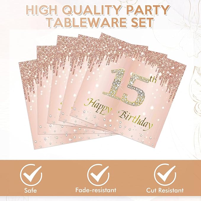 15th Birthday Decorations for Girls,15th Birthday Plates and Napkins,Rose Gold 15 Year Old Birthday Tableware 15 Party Table Decorations Supplies,Disposable 7'' Paper Plates, Napkins for Teen Party