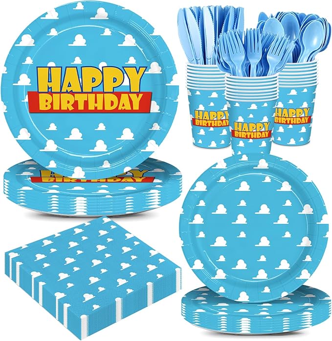 168pcs Cartoon Story Plates Napkins Birthday Party Decorations Disposable Paper Cups Blue Forks Tableware Set Blue Sky White Cloud Party Supplies for Boy kids Birthday Decor Serves 24