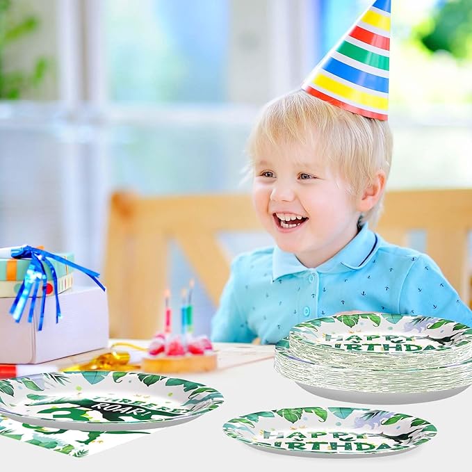 Grencian 96 PCS Dinosaur 3rd Birthday Party Supplies 350 GSM 3 Rex Dinosaur Plates and Napkins Tableware Set for Three Rex Birthday Decorations Boy Dino 3 Year Old birthday Party Decorations Serves 24