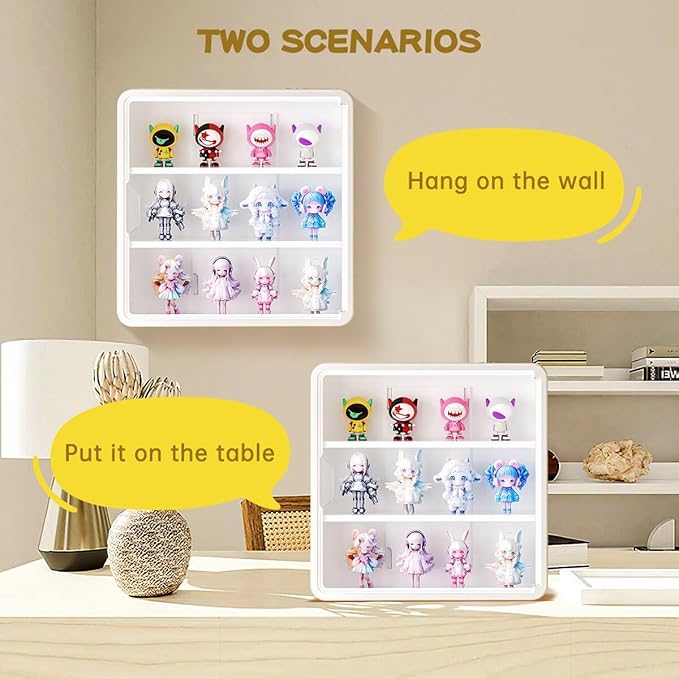2Pcs White Display Case for Figures,Wall Mounted Acrylic Clear Storage Case,Dust Proof Display Cabinet Organizer with Shelves Magnetic Door for Mini Figure Toys or Collectibles Figures