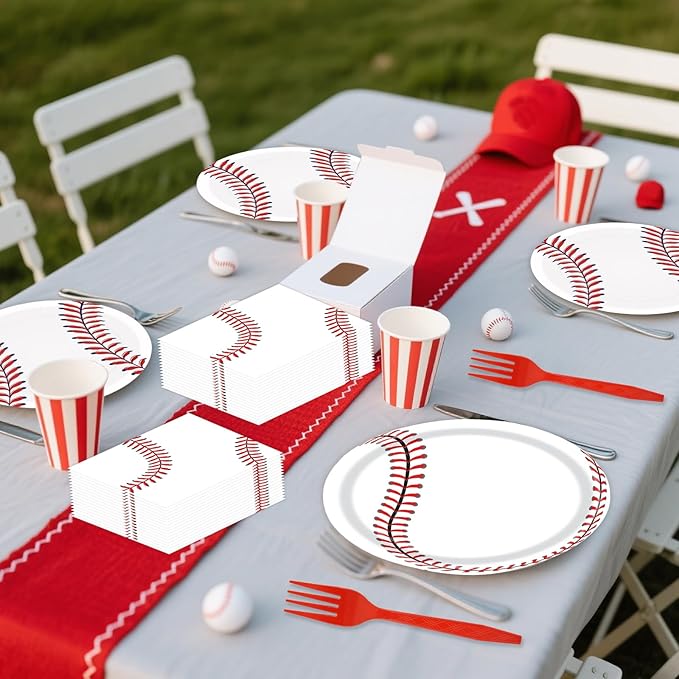 96 Pcs Baseball Paper Plates and Napkins Party Supplies, Baseball Party Plates Napkins and Forks Disposable Tableware Set for for Sports Theme Birthday Party Decorations Serves 24 (Baseball)