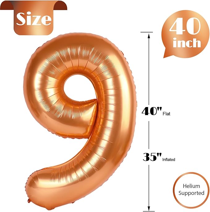 Orange 9 Balloon, Number Balloon 40 Inch, Orange Party Decorations, Giant Birthday Decorations for 9th 19th 29th 90th, Number 9 Balloon
