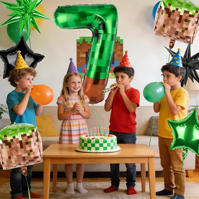 40 Inch Green Pixel Miner Number 7 Balloon Set, 7Pcs MIning Large Foil Balloon Video Game Themed Party Party Decorations for Kids' Anniversary Balloon Party Supplies Supplies