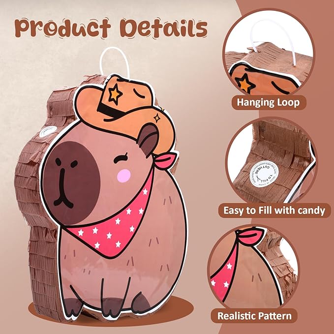 Western Capybara Piñata for Kids Birthday Party 15.7 x 10 x 2.8 Inches Cowboy Hat Animal Piñata with Bat Blindfold and Confetti for Christmas Baby Shower Photo Props Decoration