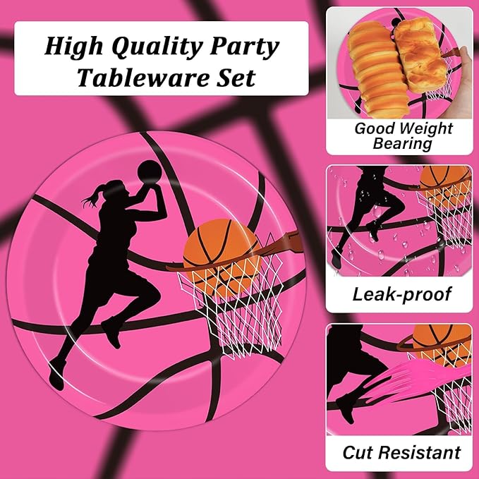 gisgfim 96 Pcs Pink Basketball Party Supplies Paper Plates Napkins Basketball Sport Theme Birthday Party Tableware Decorations Favors for Girls Kids Serves 24