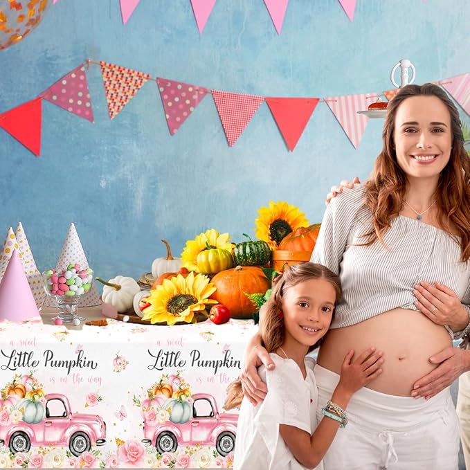 GREHUMOR Little Pumpkin Baby Shower Tablecloth a Sweet Little Pumpkin is on The Way Theme Pink Floral Truck Table Cover Plastic Disposable for Autumn Thanksgiving Baby Shower Party Decoration
