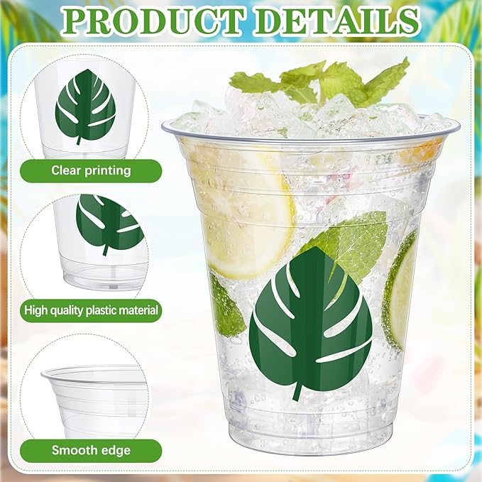 Pinkunn 100 Pcs Ocean Themed Plastic Cups Bulk Clear Plastic Sea Navigation Themed Mug Cups 16oz Flower Luau Mug Hawaiian Party Drinking Tumblers for Hawaiian Party Supplies