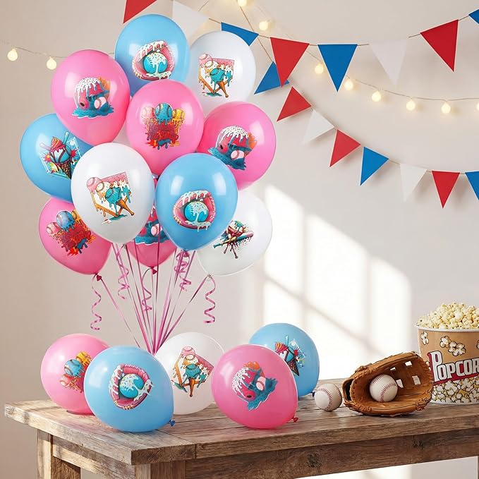 30 Pcs 10 Inch Ice Cream Drip Baseball Balloons with 32.8 ft Ribbon Pink and Blue White Baseball Balloon Decorations for Sport Themed Birthday Baby Shower Graduation Party Backdrop Supplies