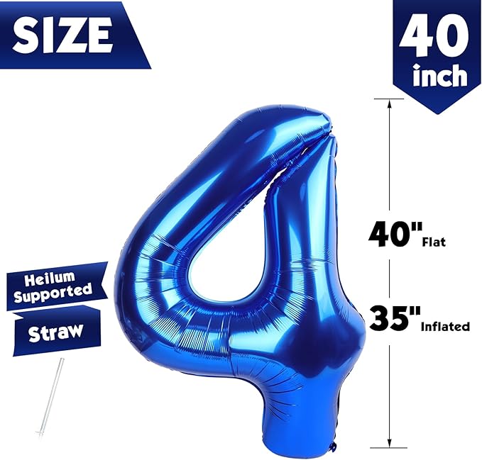 40 Inch Metallic Blue Number 4 Balloon, Giant 4 Number Balloons for 4th Birthday Decorations, Party Supplies for Baby Boy Girl, Metallic Blue Party Decor