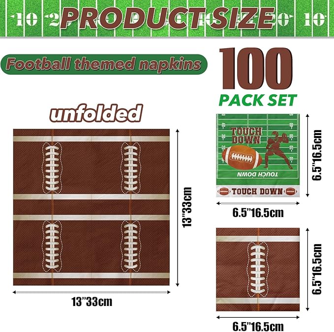 100Pcs Football Napkins, 13 x 13 Inches Tailgate Birthday Napkin, Touchdown Napkins, Football Party Napkin for Kids Fans Tailgate Gameday Birthday Party Supplies