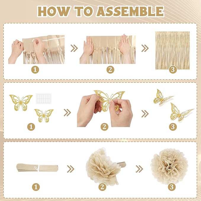 White and Gold Birthday Decorations for Women Girls, Gold White Sand Confetti Metallic Printed Balloon Butterfly Sticker Fringe Curtain Happy Birthday Banner Heart Garland Paper Pompom Party Supplies