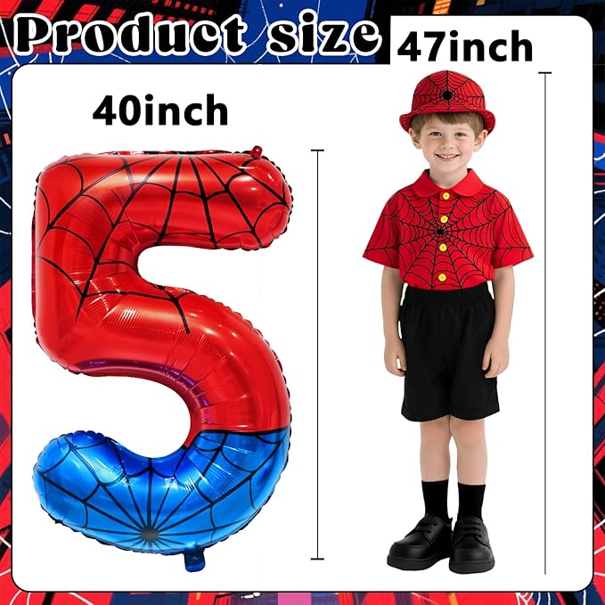 Spider Web Number 5 Balloon Birthday Decoration, Superhero Themed 40in Giant Mylar Number Party Supplies