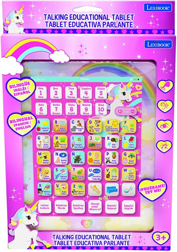 LEXiBOOK Unicorn Educational Bilingual Interactive Learning Tablet, Toy to Learn Alphabet Letters Numbers Words Spelling and Music, English/Spanish Languages, Pink, JCPAD002UNIi2