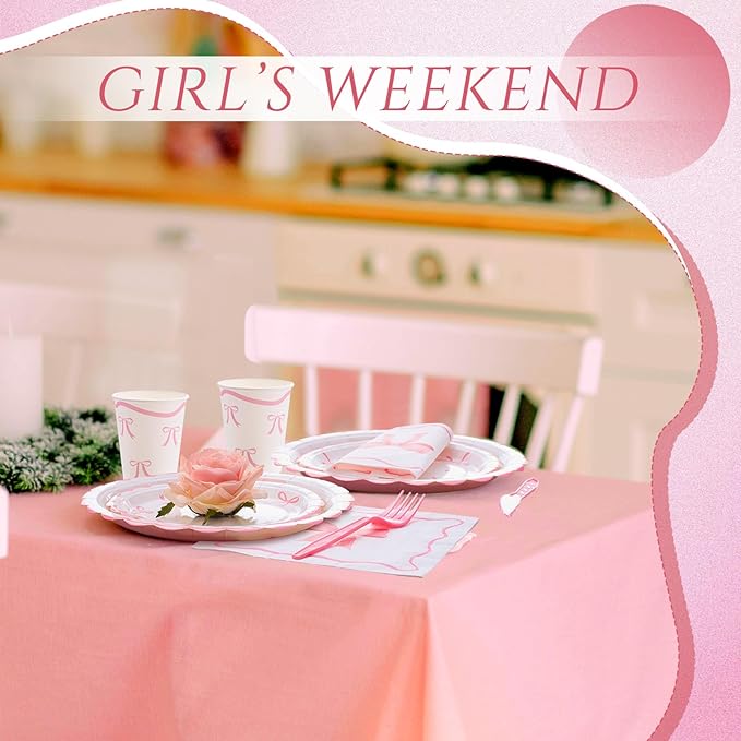 192 Pcs Pink Bow Party Supplies Severs 24 Guests Coquette Birthday Decorations Includes Plates Cups Napkins Tableware Sets for Girl Bachelorette Bridal Engagement