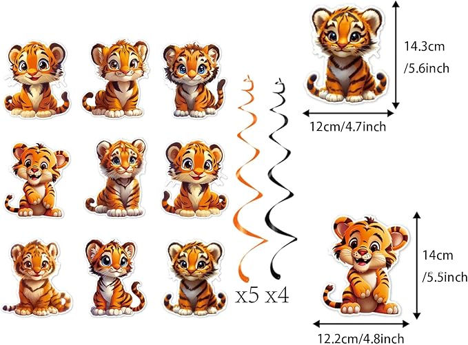Zwiebeco Tiger Happy Birthday Party Decoration Banner Bunting Garland Hanging Paper Swirls Kit for Safari Wild One Woodland Jungle Theme Baby Shower Accessories Supplies