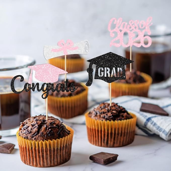 Pink Graduation Cupcake Toppers Decorations Class of 2026 Cupcake Topper Graduation Cup Cake Picks Congrats Grad Party Decor Supplies Set of 24