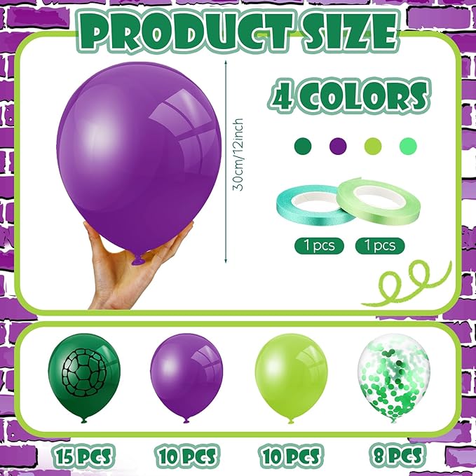 Skylety 45 Pcs Cartoon Turtles Birthday Balloon Decorations Purple Dark Green Turtle Print Balloon Decor for Birthday Party Supplies