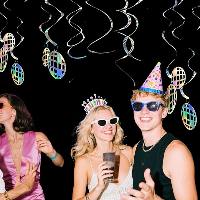 Disco Hanging Swirl Set Party Decorations, 48 Pcs, Disco Ball Party Supplies Sign,Silver