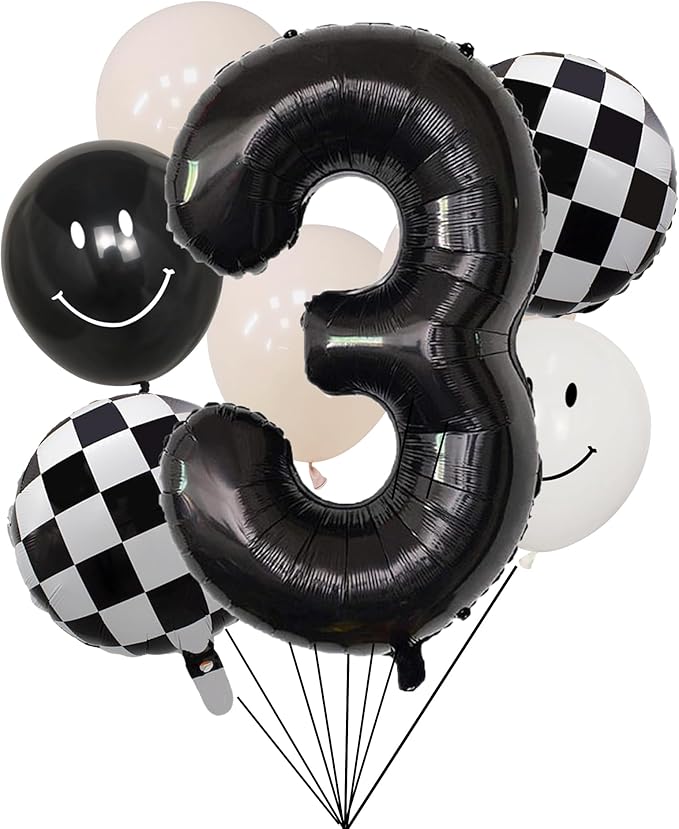 100% LIKED- 40” Black Three|Black & White Smiley Face Latex |Checkered Foil for Birthday Decorations, Smiley Face Party Deco, Baby Shower,3rd Birthday Party Supplies
