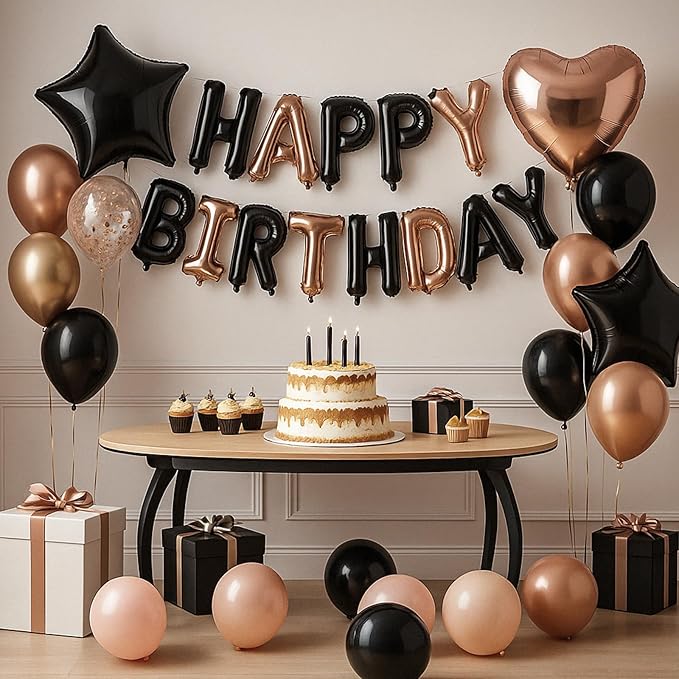 29PC Black Rose Gold Happy Birthday Balloon Banner, 16 Inch 3D Aluminum Letter Banner Sign, Pearl Metallic Rose Gold Black Balloon 18 Inch Star Foil Balloons for Women, Men Party Supply