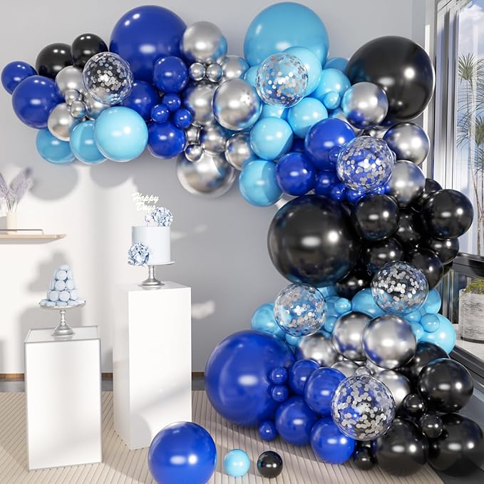 Blue Silver Black Balloons Garland Arch Kit, 146 Pcs Royal Light Blue Metallic Confetti Silver Balloons for Baby Shower Graduation Anniversary Retirement Birthday Party Decoration