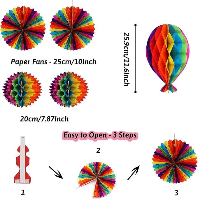 Party Decorations, Colourful Rainbow Foil Fringe Curtain Fiesta Hanging Paper Fans Pompoms Honeycomb Paper Hot air Balloon Garlands for Mexican Cinco De Mayo Taco Birthday Party Supplies