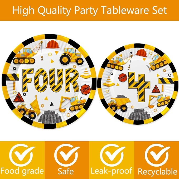 118 Pcs Construction 4th Birthday Decor Construction Four Years Old Paper Dinner Plates Napkins Forks Cups Tablecloth Banner Dinnerware for Dump Truck Theme Fouth Bday Party Supplies Decorations