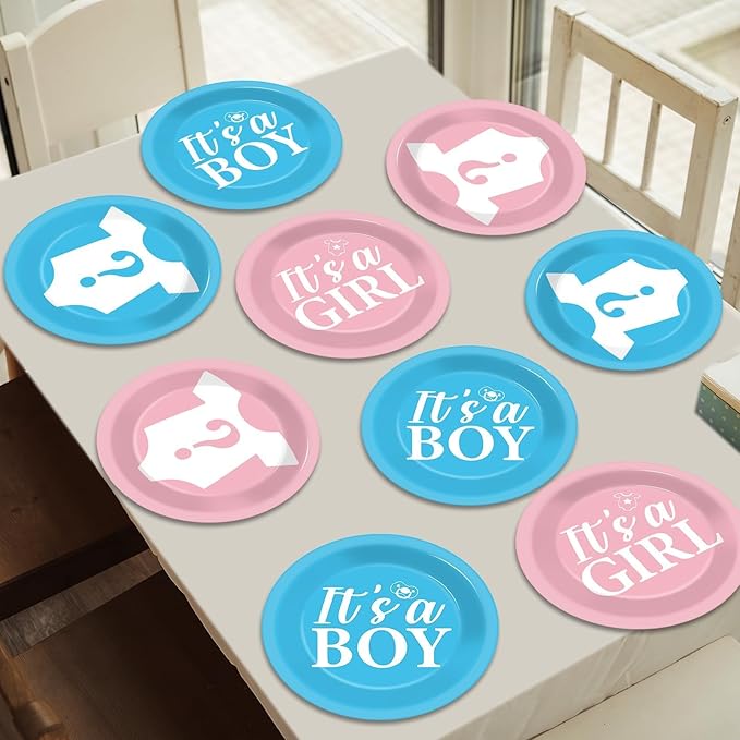 CHUNNIN 48Pcs Gender Reveal Party Paper Plates for Gender Reveal Party Supplies 7" Boy or Girl Pink and Blue Disposable Plates for Baby Shower Newborn Favors Decorations