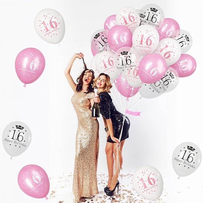 Sweet 16 Birthday Decorations for Girls, Pink White Happy 16th Birthday Party Latex Balloons, 15 Pieces 16th Birthday Decorations for Her Kids Age 16 Year Old Birthday Party Decorations Supplies