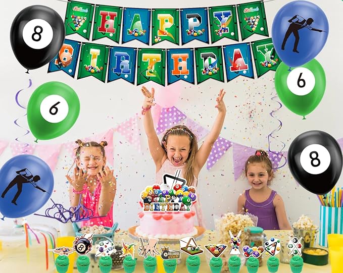 Billiards Party Decorations Billiards Birthday Party Supplies Includes Billiards Happy Birthday Banner, Cake Topper, Cupcake Toppers, Balloons for Billiards Theme Party Sports Party