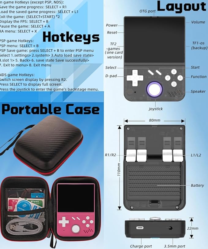EWDGOES My Mini Handheld Game Console 3.5-in 640 * 480 IPS OCA Screen RK3326 4000mAh with Portable Case Pink-64GBVer.