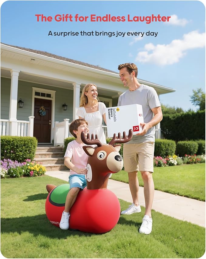QPAU 2 Pack Large Inflatable Reindeer Hopper Bouncy Toy, 250lbs High Capacity Ride-on Animal for Kids & Adults, Soft Fabric Cover & Pump, Durable Puncture-Resistant Bouncer for Family Party Gift