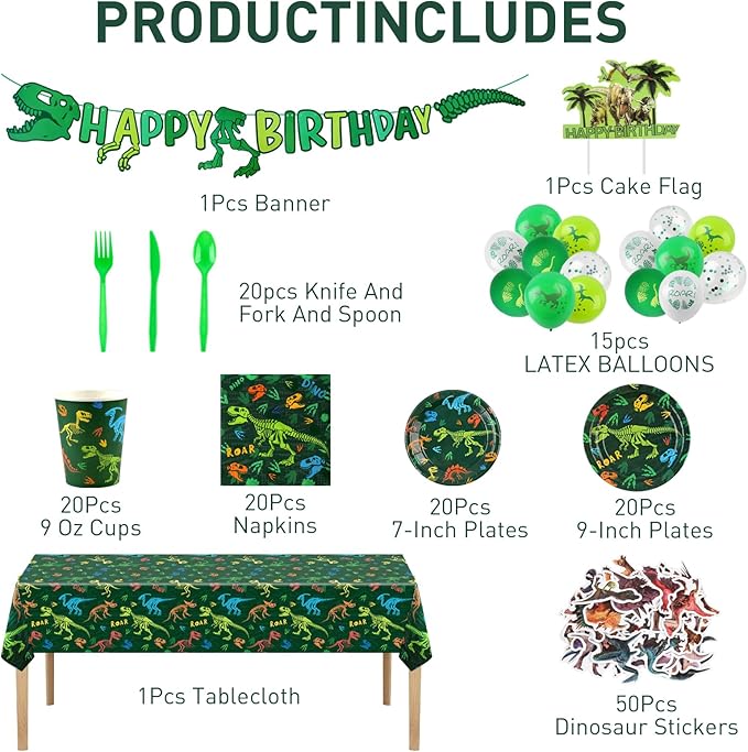 208pcs Dinosaur Birthday Party Decorations For Boys, Dinosaur Themes Birthday Party Supplies Serve 20 with Disposable Plates,Napkins,Cups,Cutlery Set, Banner,Tablecloth,Cake Topper,Ballons,Stickers