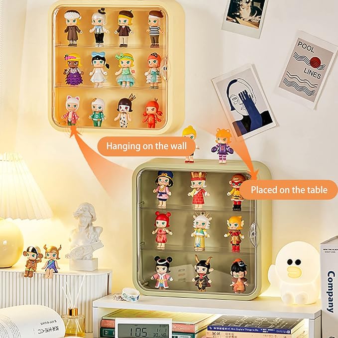 Clear Display Case for Figures, Wall-Mounted Doll Storage Box, Adjustable Display Stand with Door Dust and Moisture Proof Suitable for Lego Collectibles Action Figures Pop Mart (Yellow)