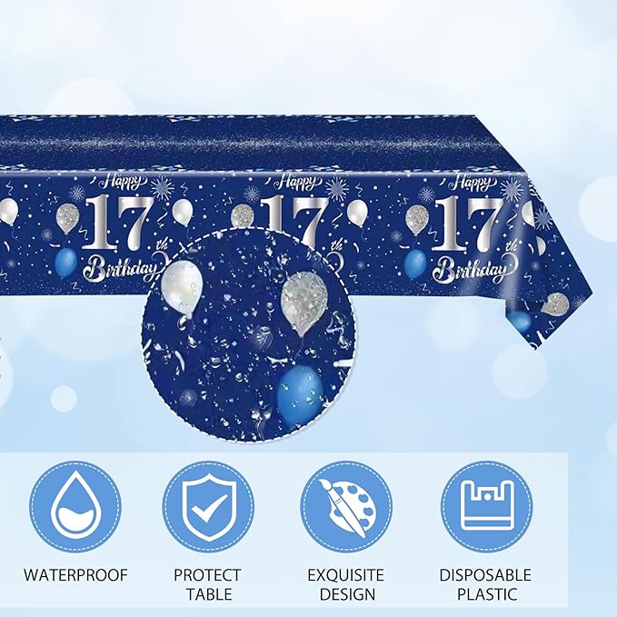 41 PCS 17th Birthday Decorations for Boys Girls Disposable Blue Sliver 17 Year Old Tableware Happy 17th Birthday Dessert Plates Napkins Tablecloth Set for 17 Year Old Teenage Boy Party Supplies