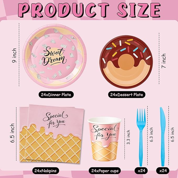 144Pcs Donut Sweet Birthday Party Supplies Decorations Girl Birthday Themed Paper Plates Napkins Vintage Party Tableware Disposable Dinnerware for Girl Kid Baby Shower Table Decor, Serve 24