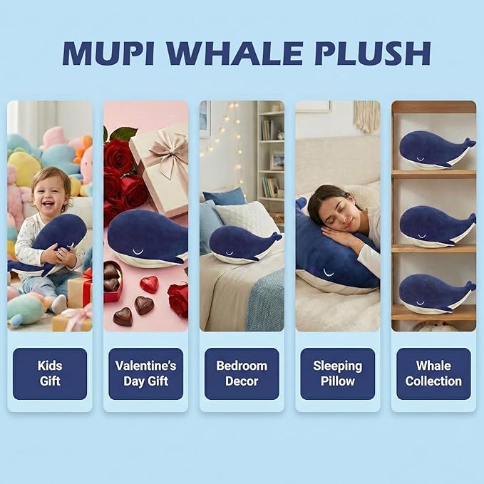 MUPI Whale Stuffed Animals Plush Pillow 4 Size Cute Soft Cotton Plushies Pillows Kawaii Blue Whale Toy Gifts for Kids Boys Girls Adults (Blue, 26 Inch)
