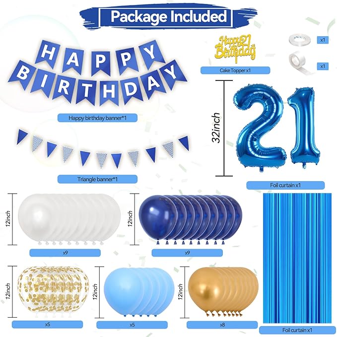 21st Birthday Decorations, Dark Happy Birthday Party Decorations With Number 21 Balloons Metallic Gold Pearl White Light Blue Fringe Curtain Banner Cake Topper For Man Woman Party Supplies