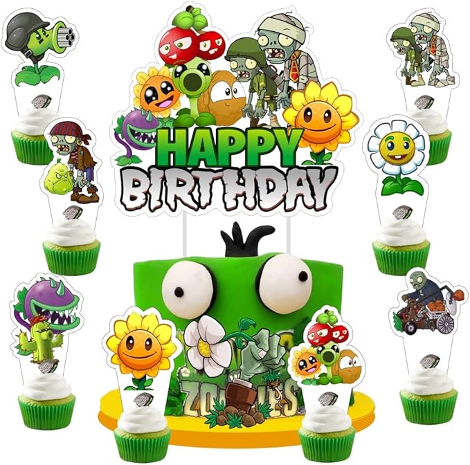 25Pcs Plants and Zombies Cake Decorations with 24pcs Cupcake Toppers, 1pcs Cake Topper for Kids Birthday Party Supplies
