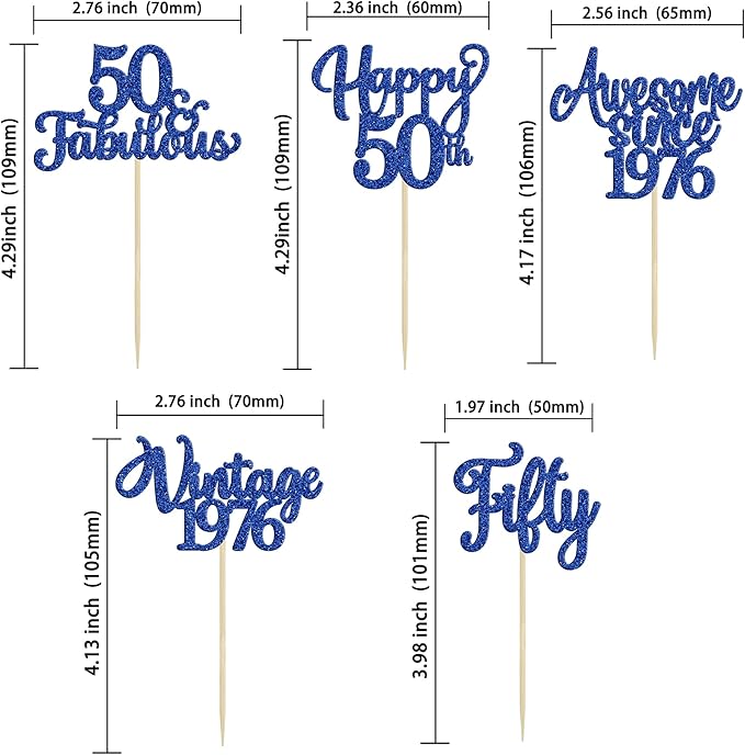 Ephlyn 30Pcs Happy 50th Birthday Cupcake Toppers Glitter Fifty Vintage 1976 Cupcake Picks Cheers to 50 Fabulous Cake Decorations for 50th Birthday Wedding Anniversary Party Supplies Dark Blue