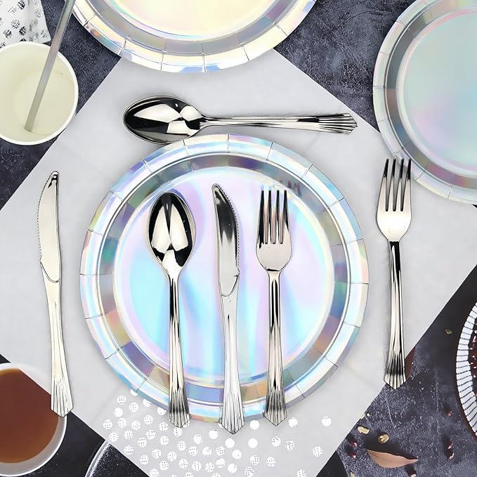 161Pack Iridescent Party Supplies, Holographic Party Tableware - Iridescent Cup Straws Napkins Forks Knives Spoons Iridescent Foil Tablecloths for Birthday Disco Wedding 80s Party, Serves 20 (20 Set)