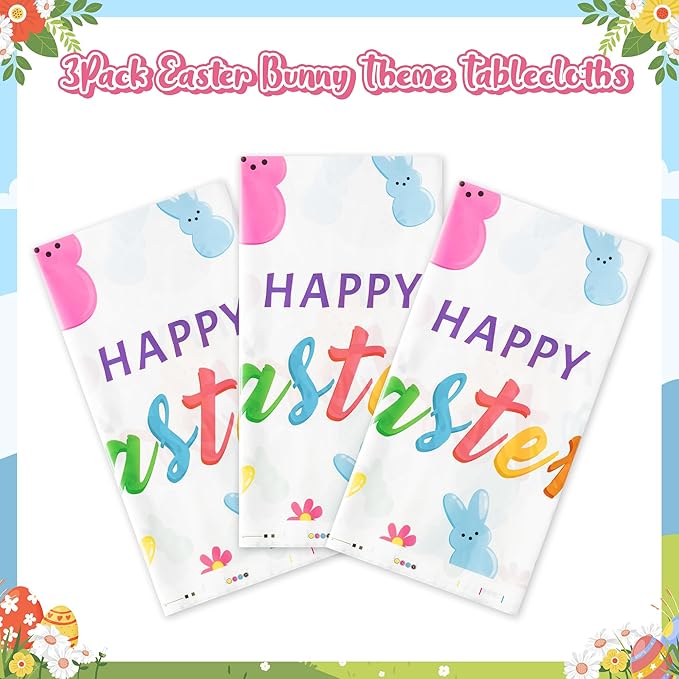 Easter Bunny Peeps Tablecloth - 3 Pack Happy Easter Tablecover Decoration Set Colorful Rabbits Plastic Disposable Rectangle Waterproof Table Covers Hello Spring Party Picnic Dinner Decor
