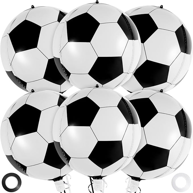 Soccer Balloons, 22 Inch Large Metallic Round Sphere Soccer Ball Balloons, 6 Pcs Foil Mylar Football Balloons for Birthday Soccer Sports Themed Party Decoration Supplies