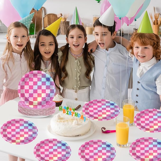 50PCS Pink and Iridescent Checkered Party Plates for Iridescent Party Decorations 7 Inches Laser Round Paper Plates Foil Dessert Plate for Girl Birthday Wedding Baby Shower Parties Supplies