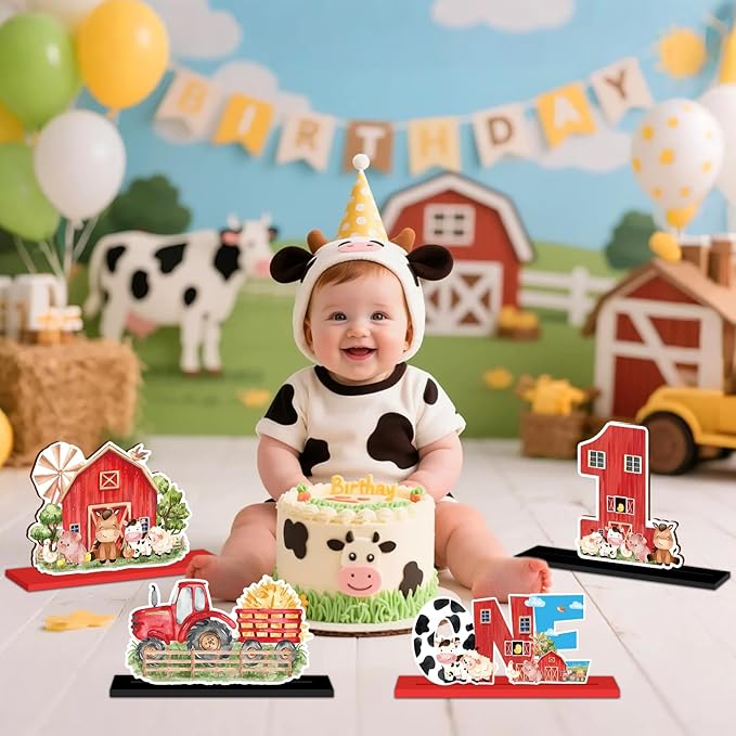 4Pcs Farm Animal One Wooden Table Centerpieces Farm Barnyard Happy 1st Birthday Table Sign Party Supplies for 1 Year Old Baby Shower Boys Girls Birthday Party Supplies Decor Photo Props Kids