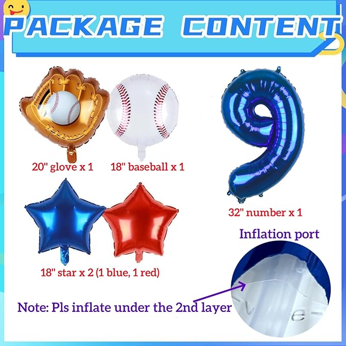 Baseball Balloons 9th Birthday Decorations for Boys | Baseball Birthday Decoration Sports Theme Party Supplies, 32Inch Foil Mylar Number 9 Balloon Navy Blue Red White Sports Balloon Arch Kits