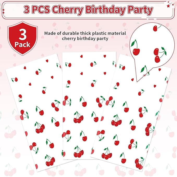 Grencian 3Pcs Cherry Tablecloth Cherry Table Cover Plastic Rectangle Fruit Theme Table Cloth for Cherries Birthday Wedding Bridal Baby Shower Party Decorations, 54 X 108 Inch